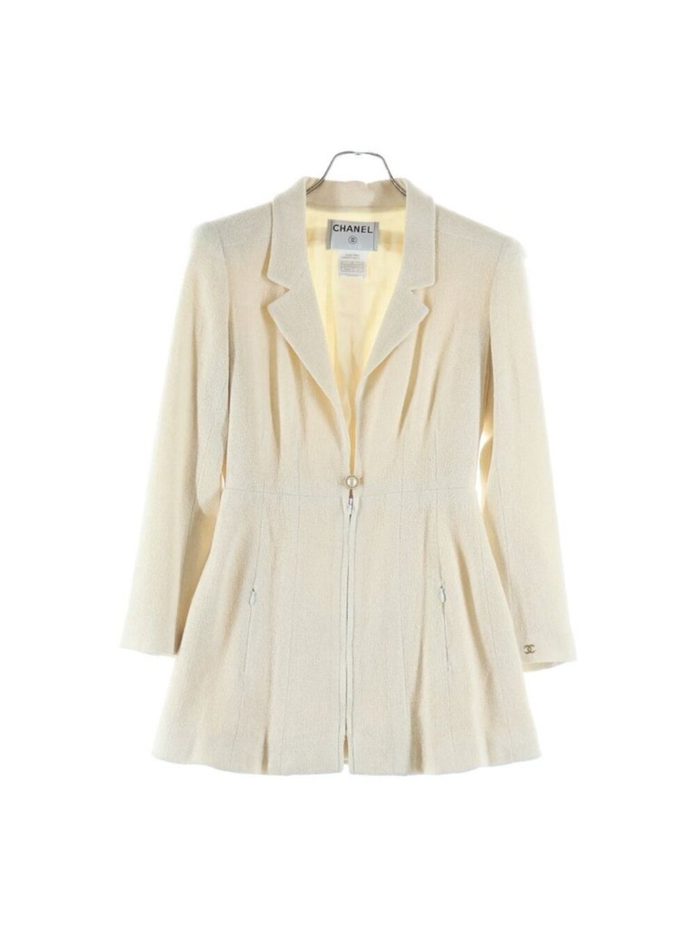 Chanel Pearl Button Silk Tweed Zip Up Long jacket White